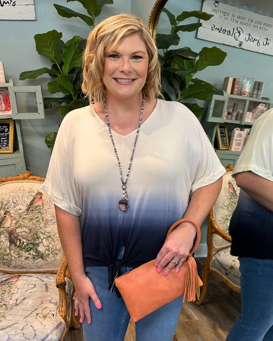 Ombre Short Sleeve V-neck With Front Tie
