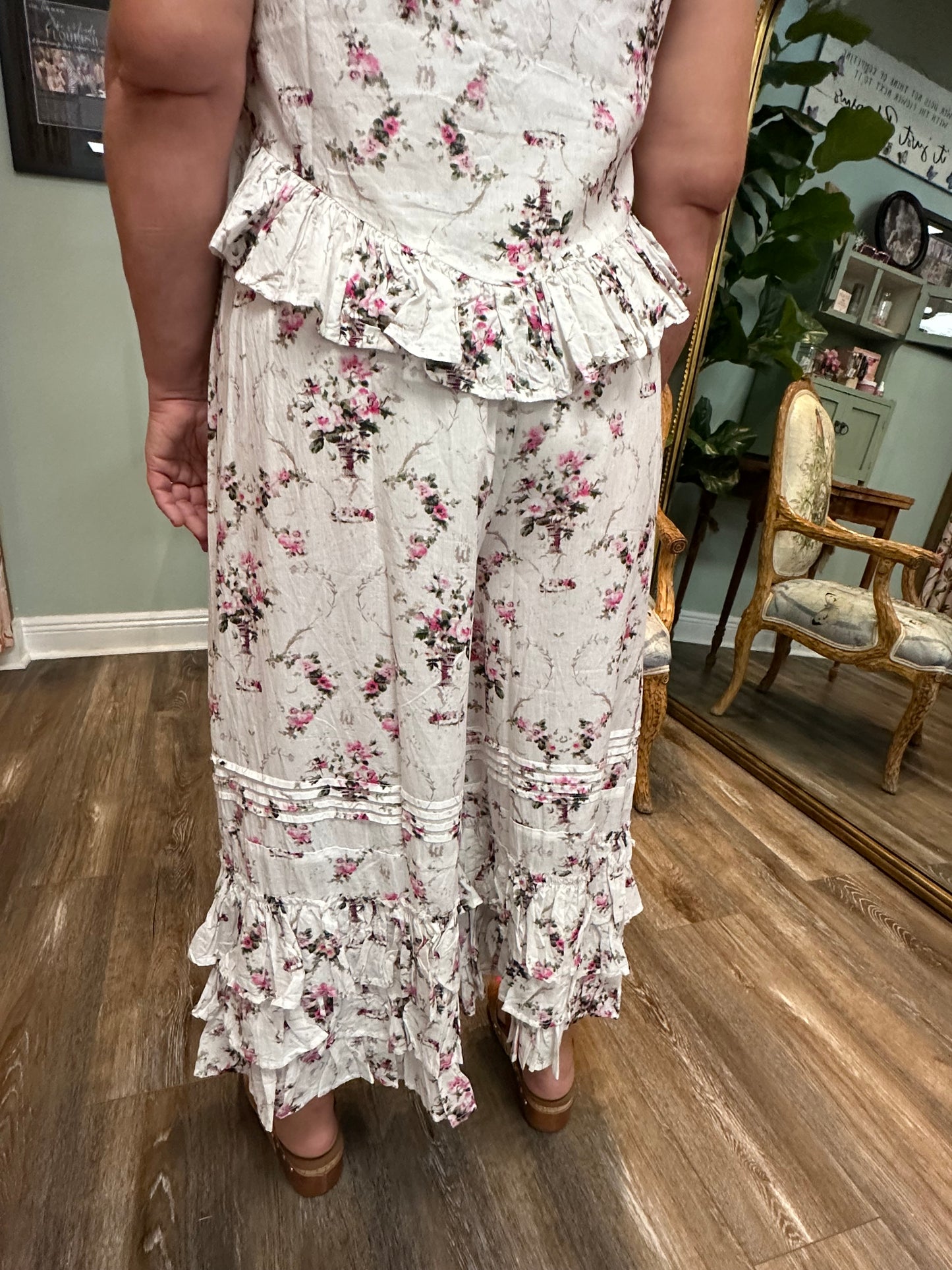 Flower Printed Ruffle Pants