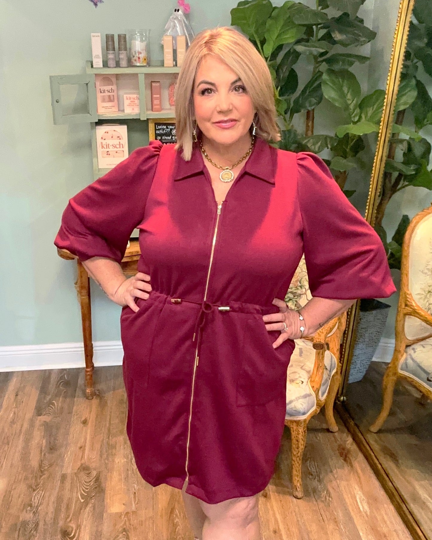 LS Zip Up Tie Waist Dress