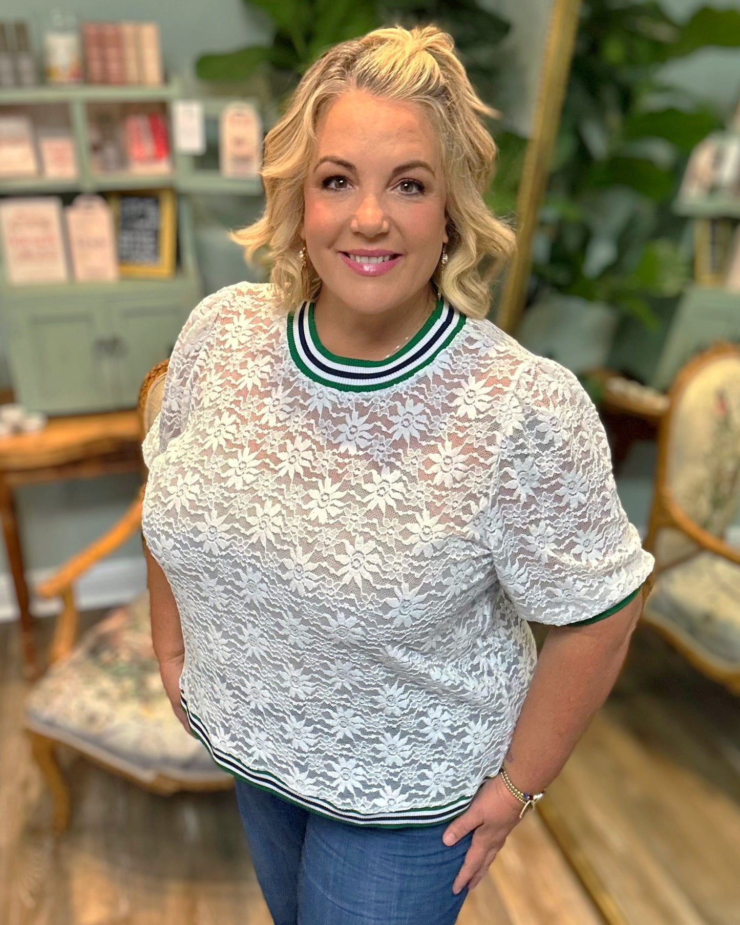 Stripe Trim Lace Top