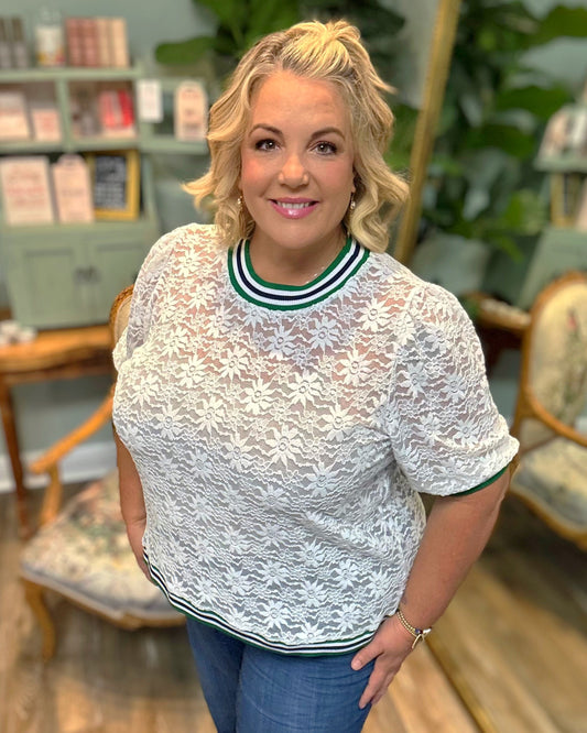 Stripe Trim Lace Top