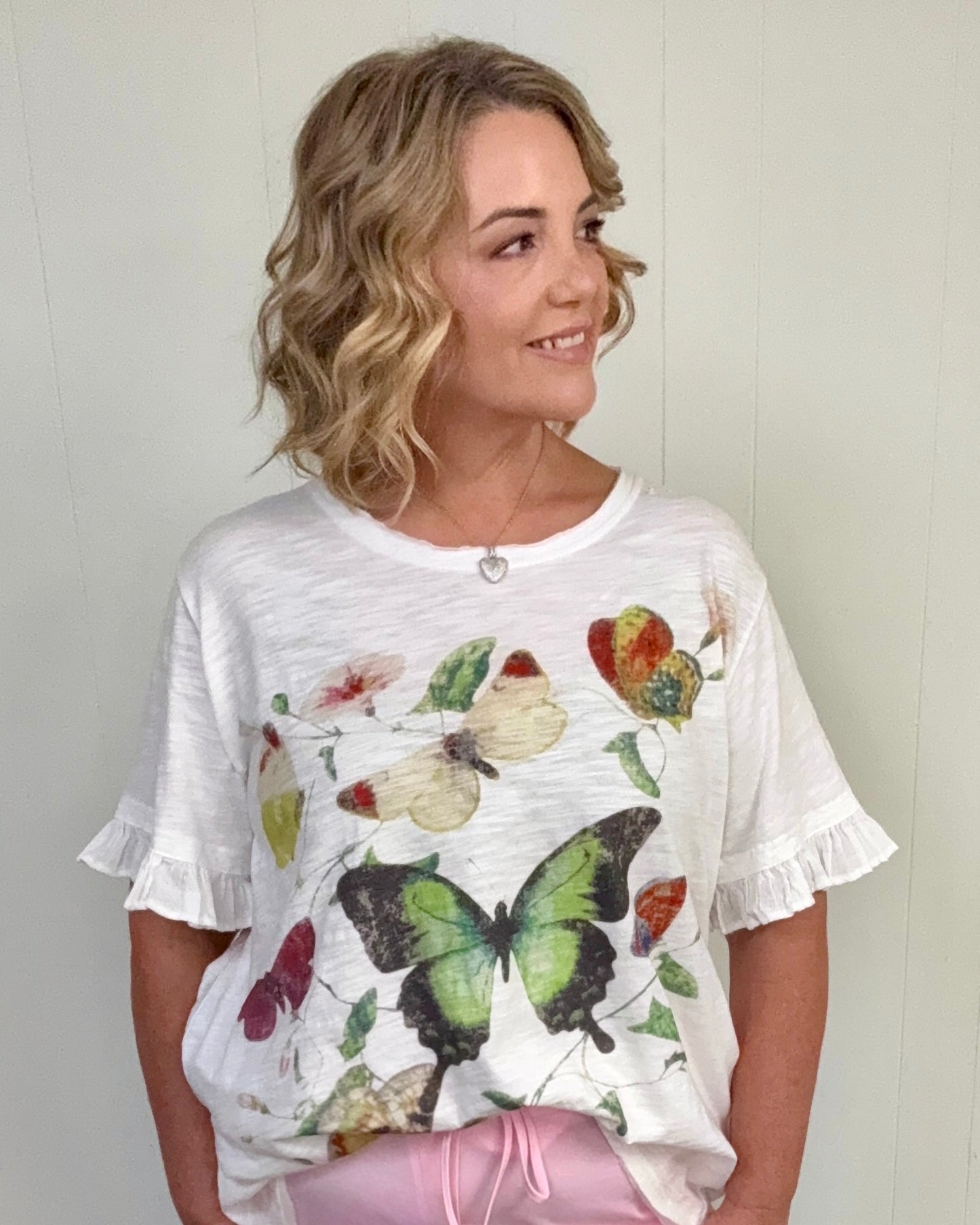 Butterfly Print Ruffle Sleeve Top