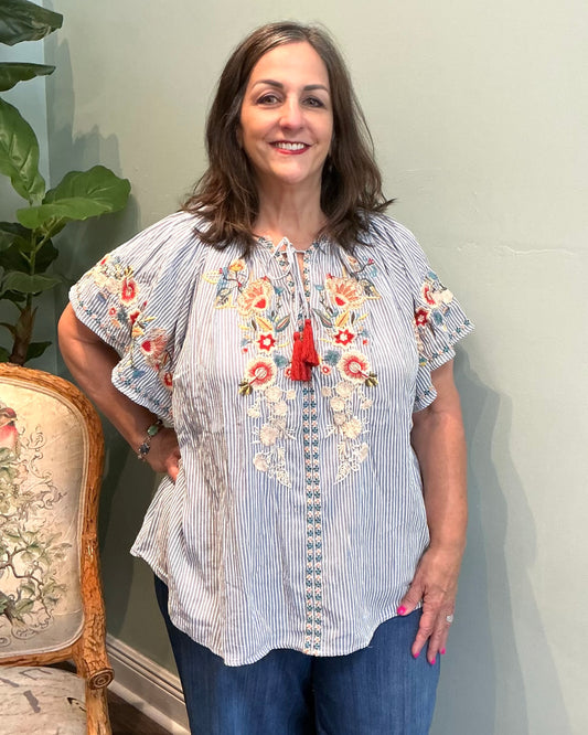 Blue Stripe Embroidered Top