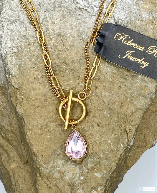 Gold Toggle Necklace with Crystal Teardrop