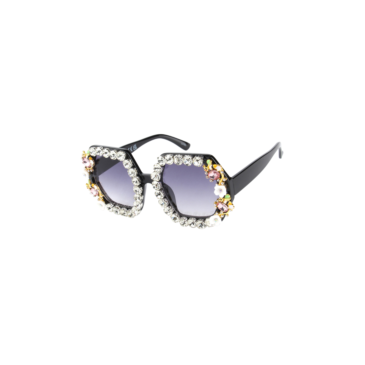 Crystal Bloom Hexagon Sunglasses in Black