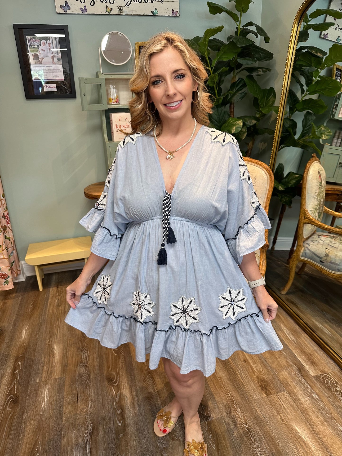 Elastic Waist Embroidered Floral Motif Dress