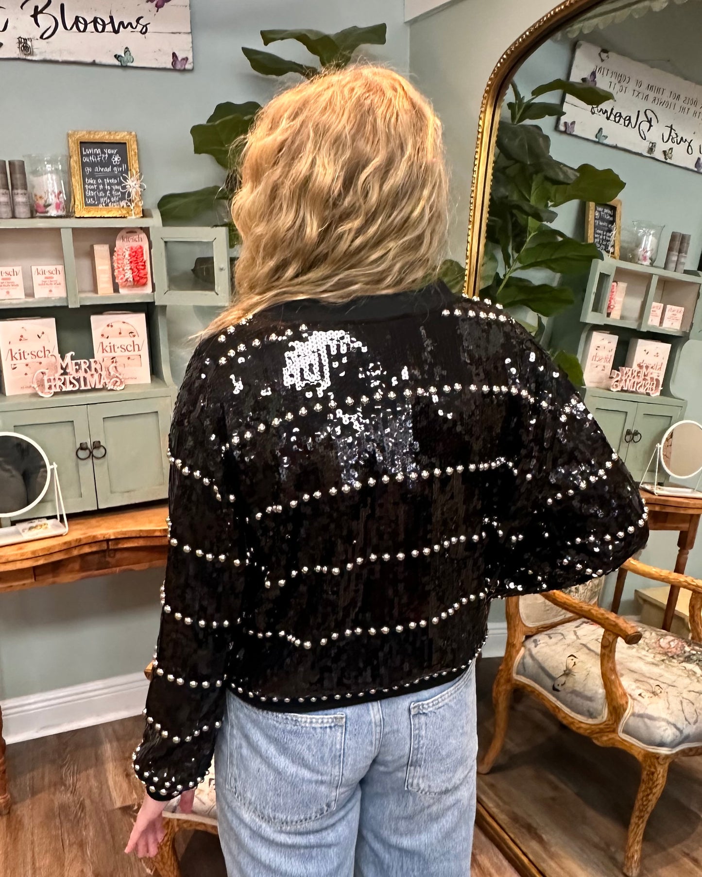 Black Sequin Bomber Jacket