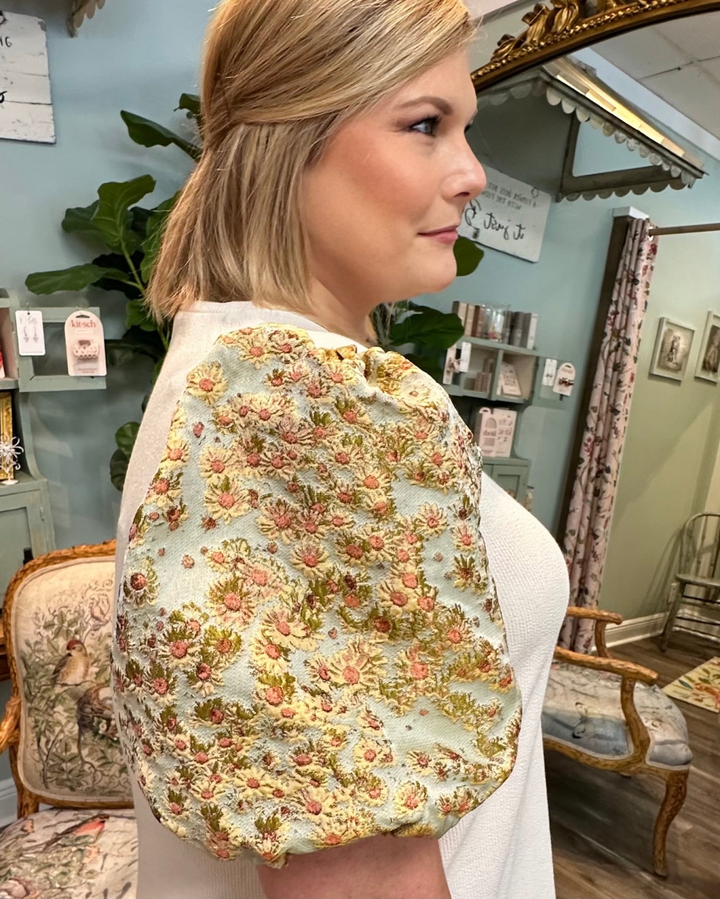 Textured Top with Floral Puff Sleeve