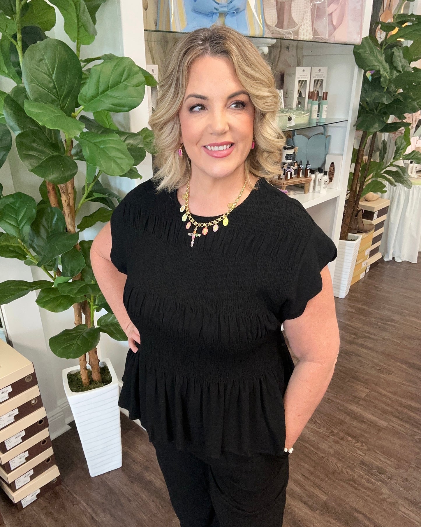 Black Linen Blend Smocked Peplum