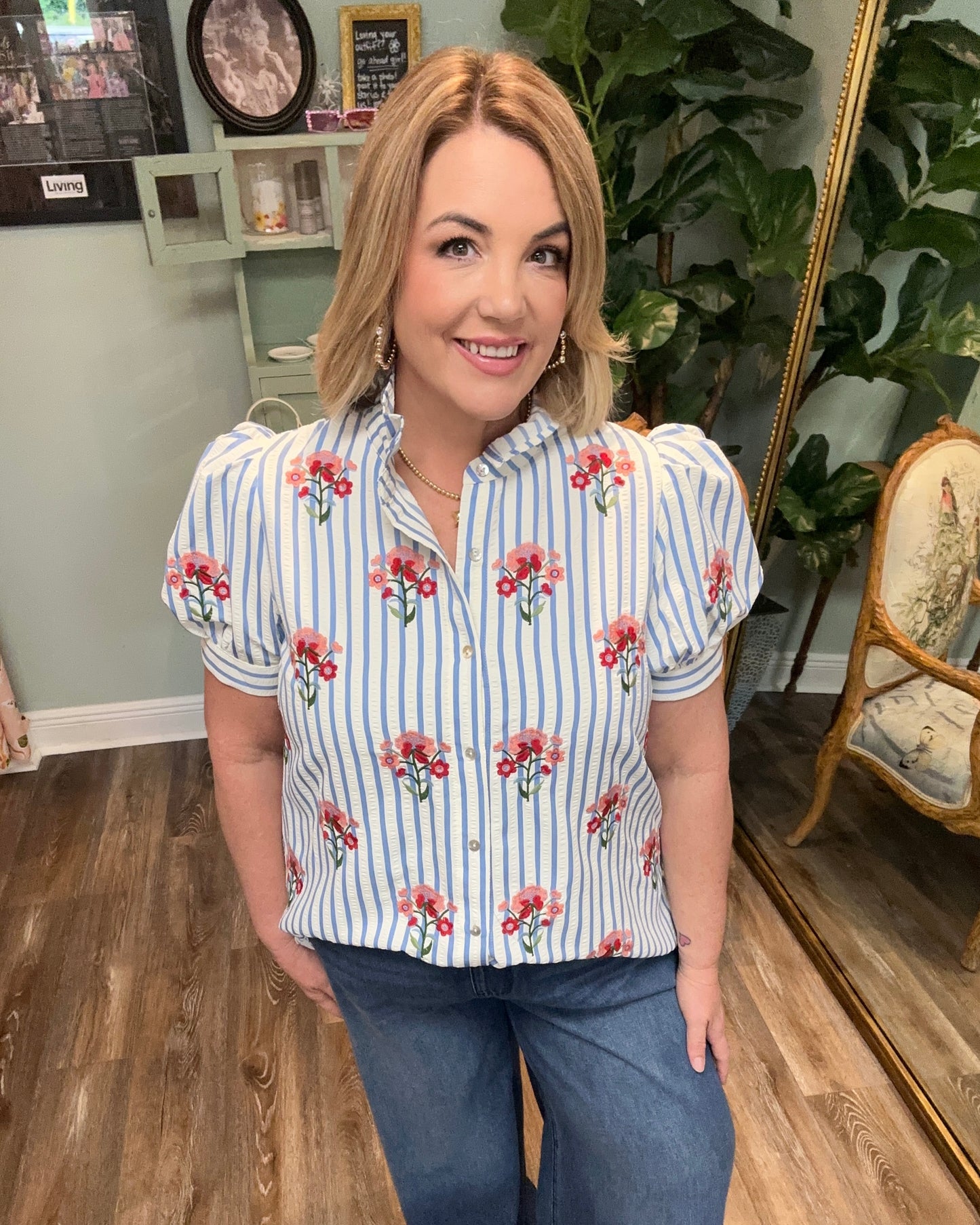 Striped Button Down Top with Embroidery