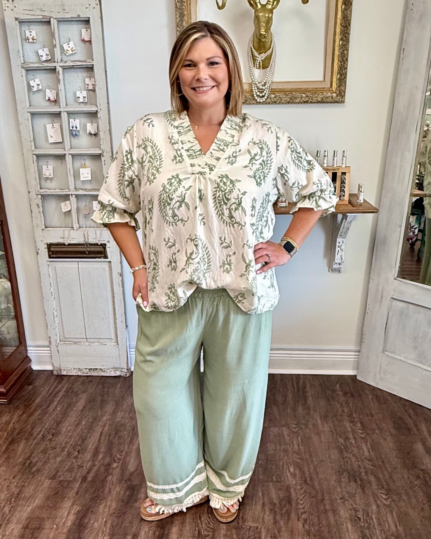 Sage Lace Trim Fringe Hem Pant