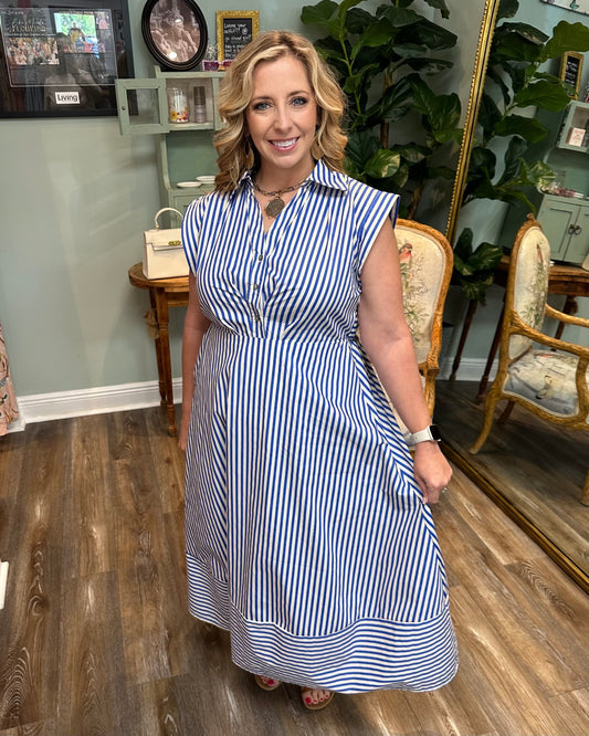 Blue and White Stripe Dress with Tie