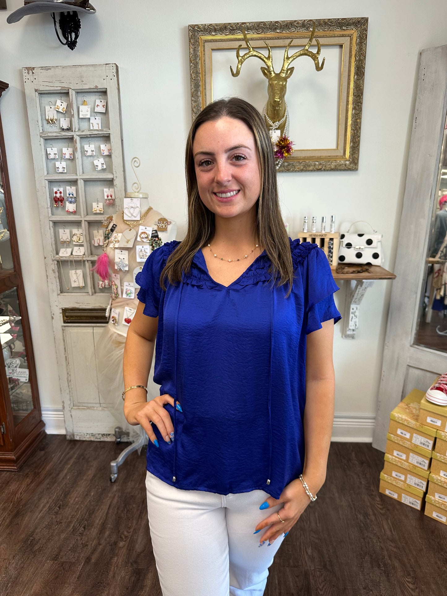 Royal Blue Satiny Ruffle Sleeve Top