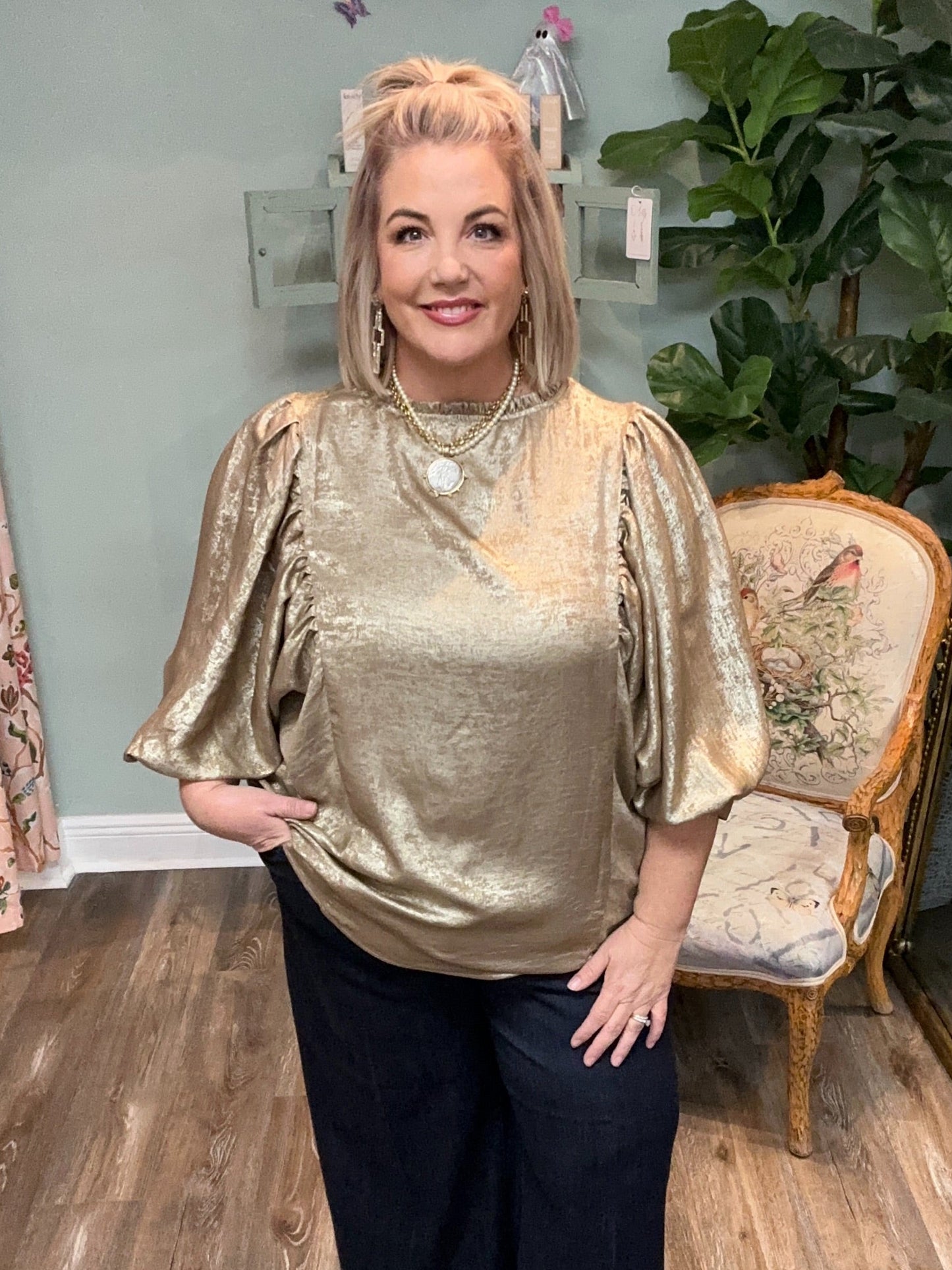Gold Shimmer Button Front Blouse