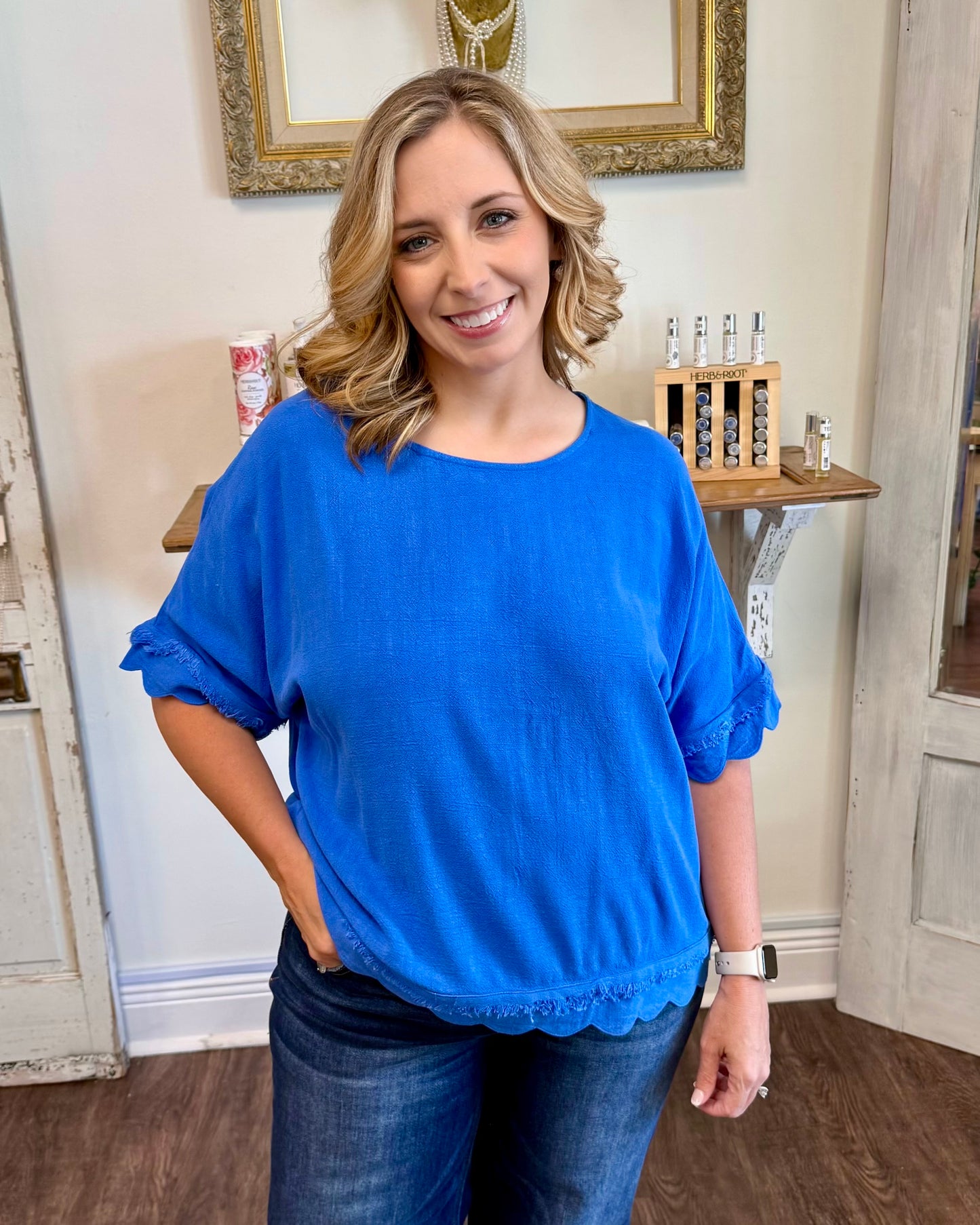 Blue Frayed Hem Scallop Edge Top