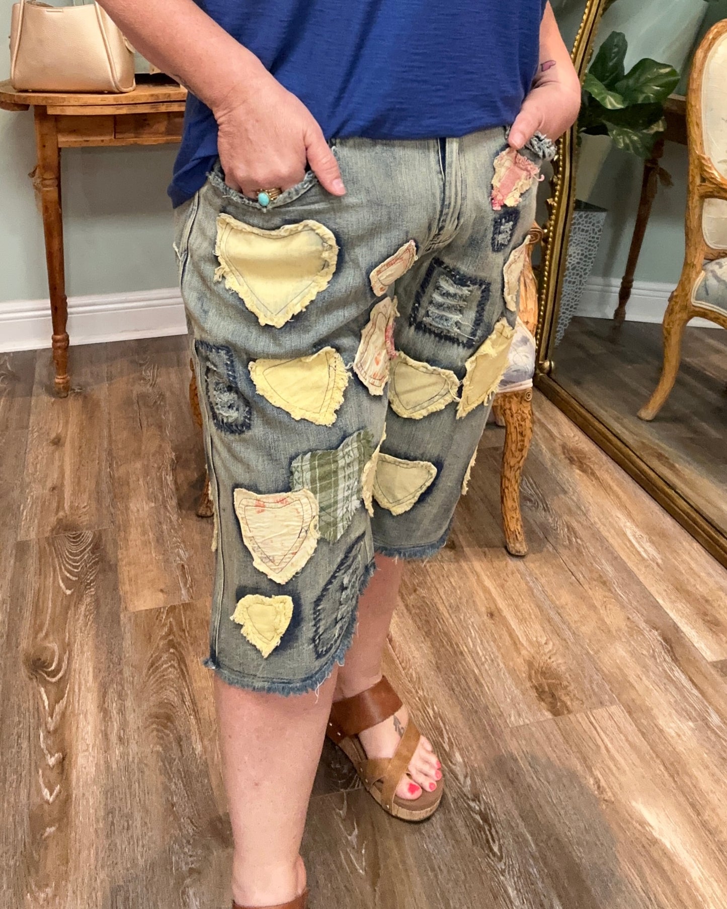 Patchwork Elastic Waist Denim Short