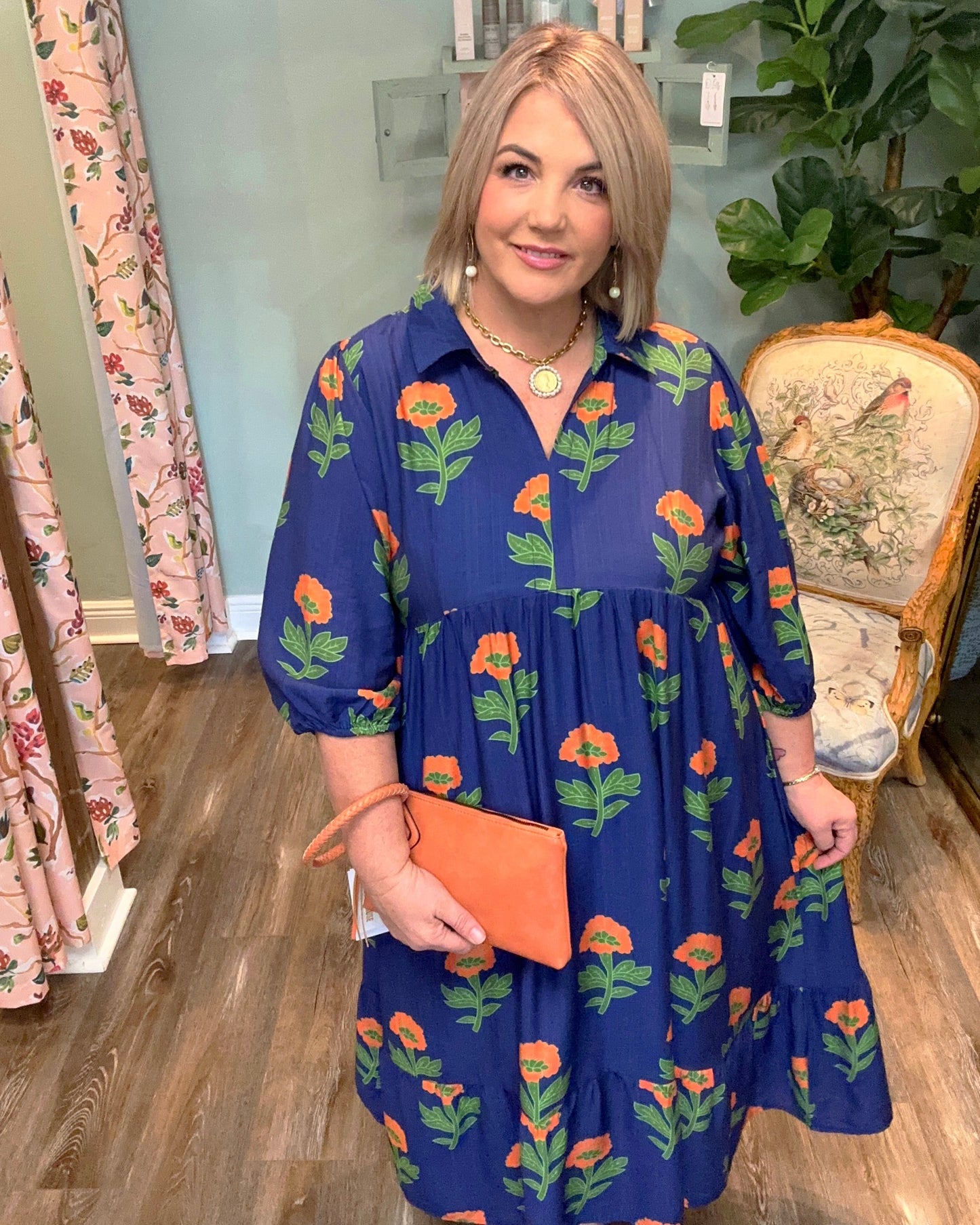 Orange Floral Print Midi Dress