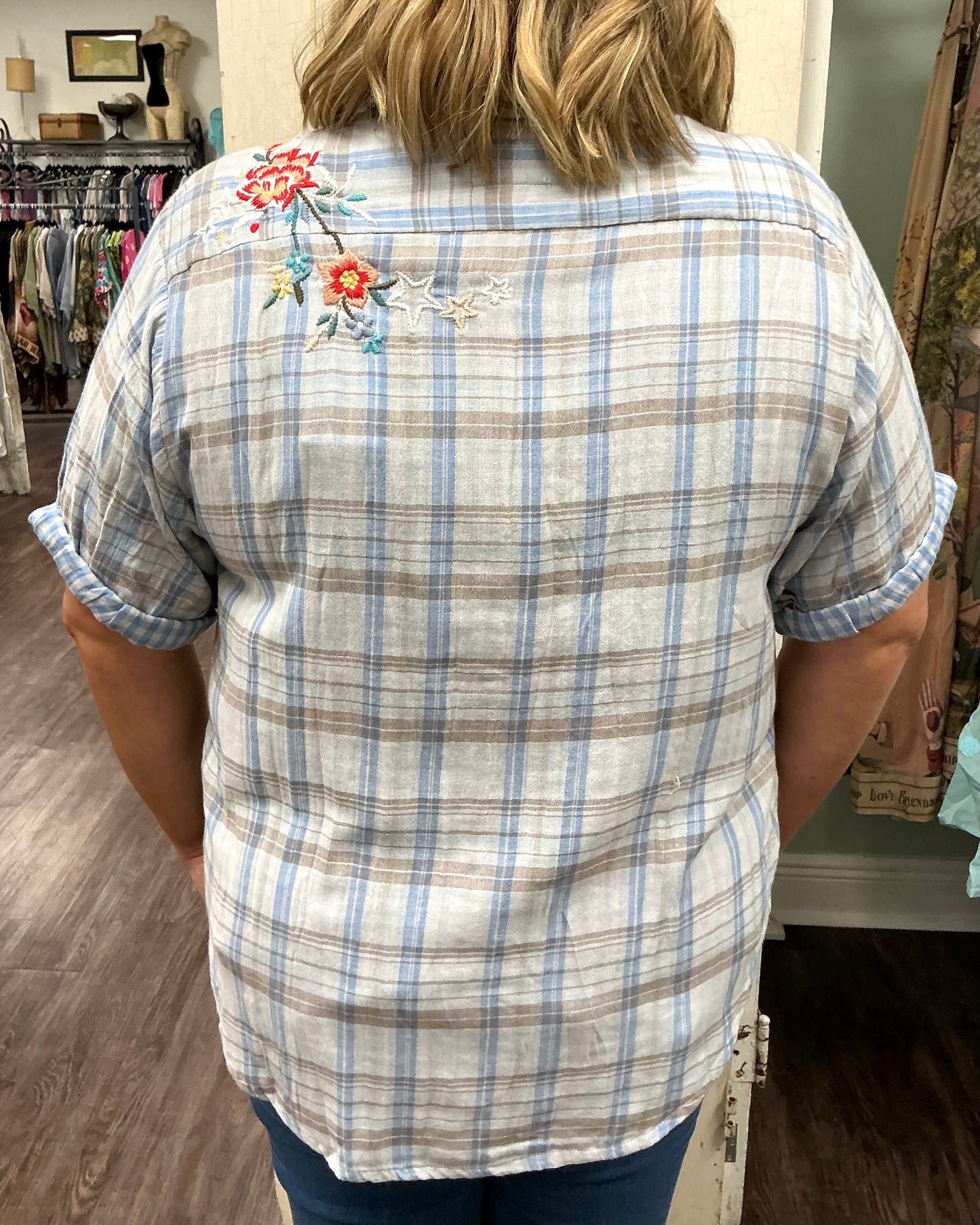Blue Plaid Embroidered Top