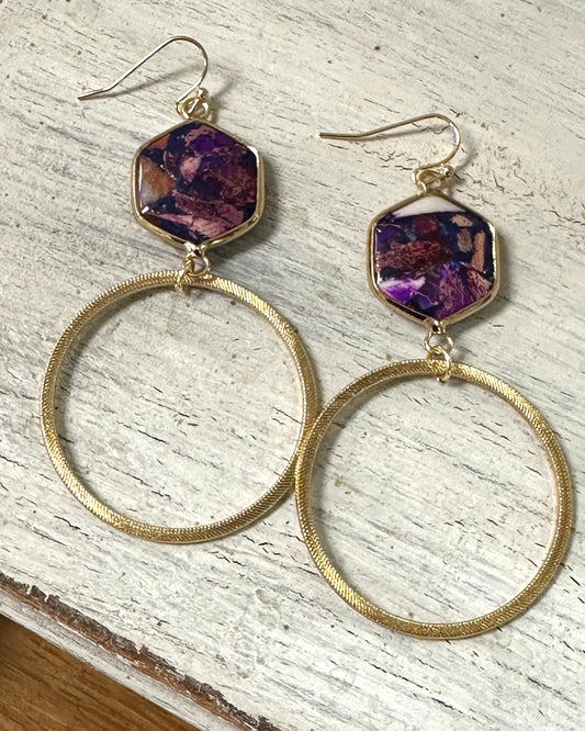 Gold Hoop Purple Stone Earrings