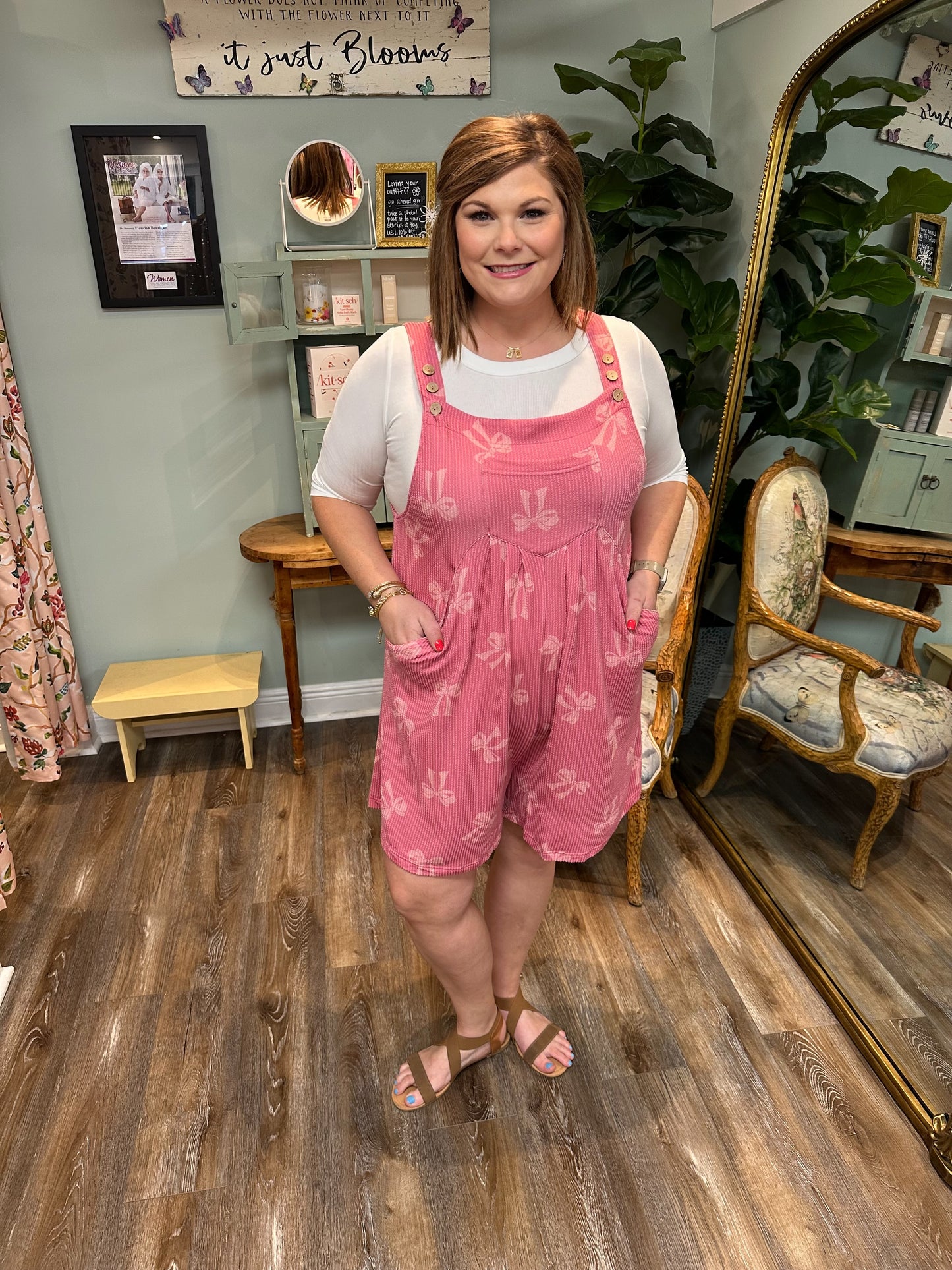 Ribbon Print Pink Ribbed Shortalls