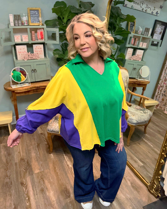 Raw Hem V Neck Mardi Gras Top