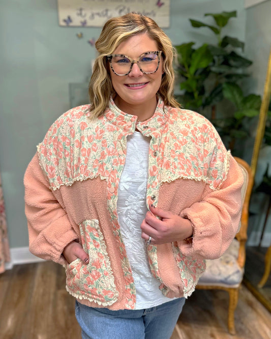 Pink and Floral Sherpa Button Jacket