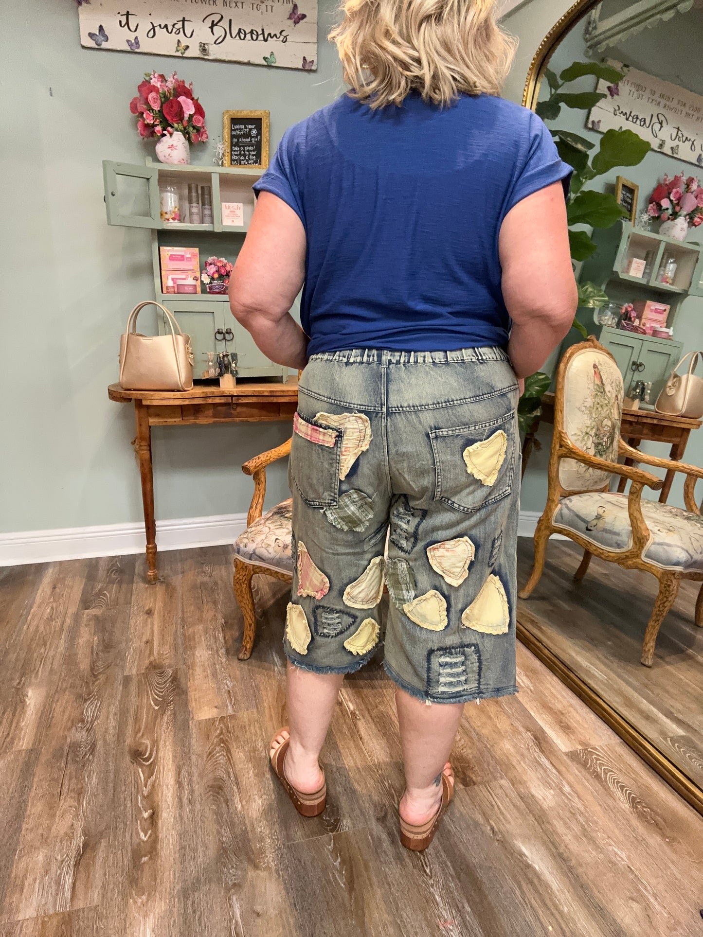 Patchwork Elastic Waist Denim Short