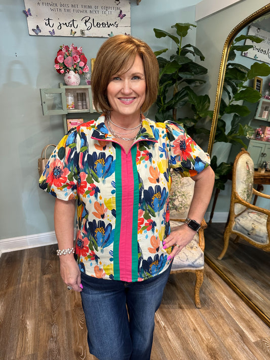 Stripe Watercolor Floral Print Top