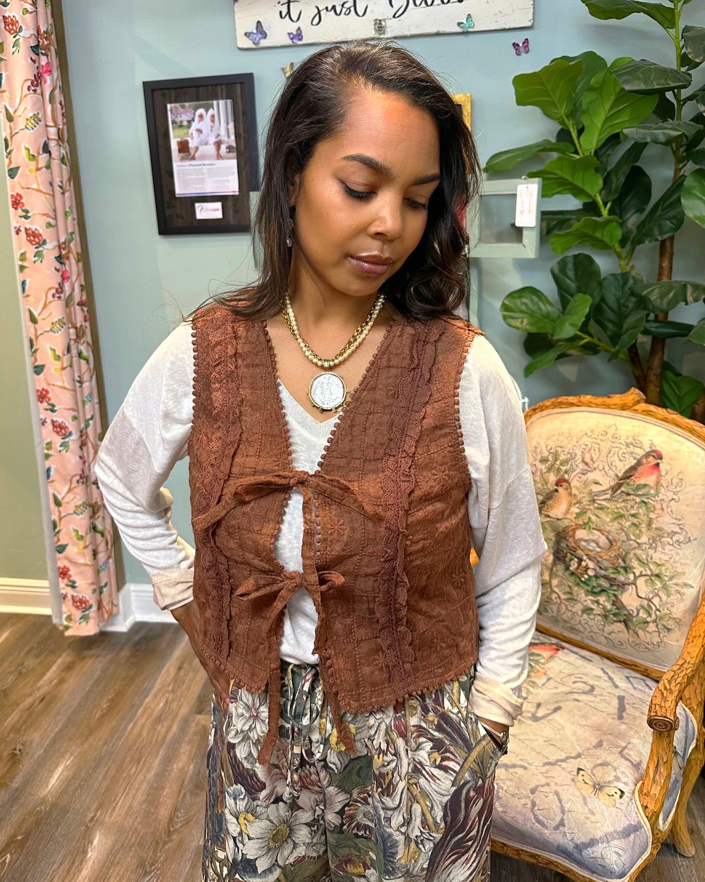 Mocha Lace Eyelet Vest