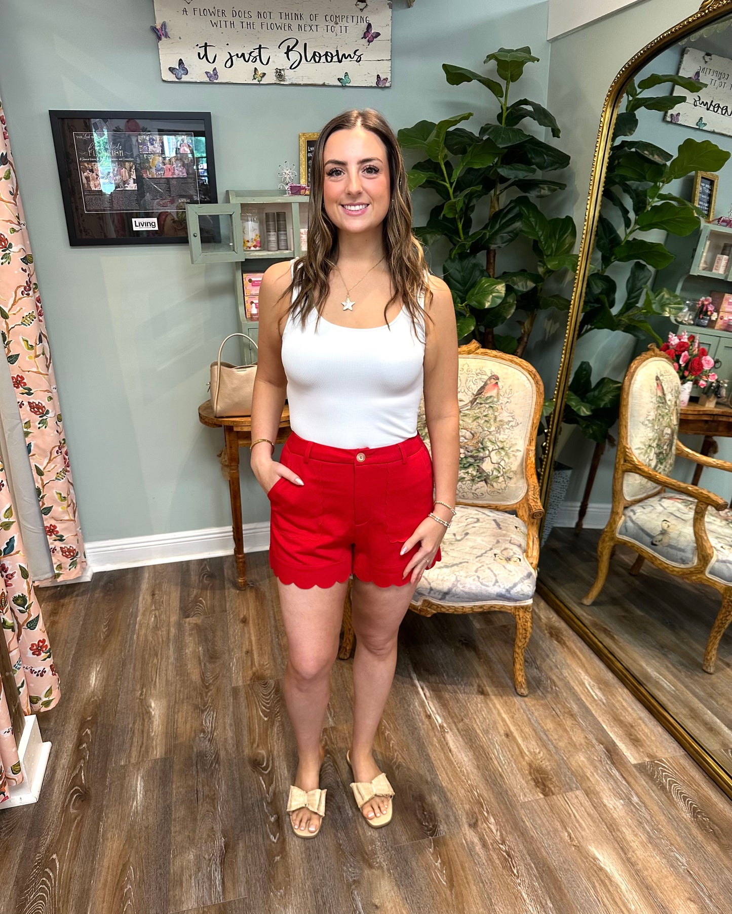 Red Scallop Hem Shorts