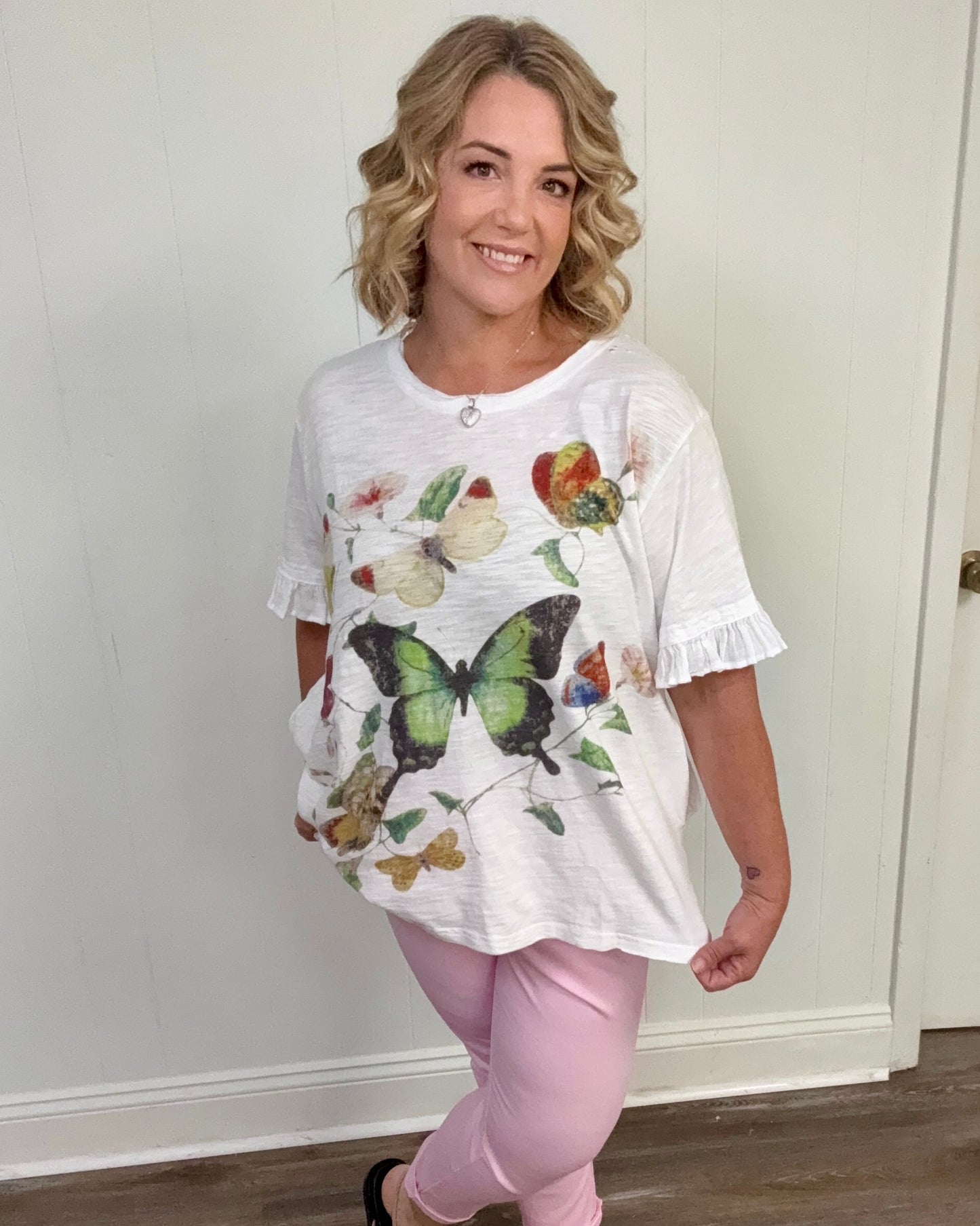 Butterfly Print Ruffle Sleeve Top