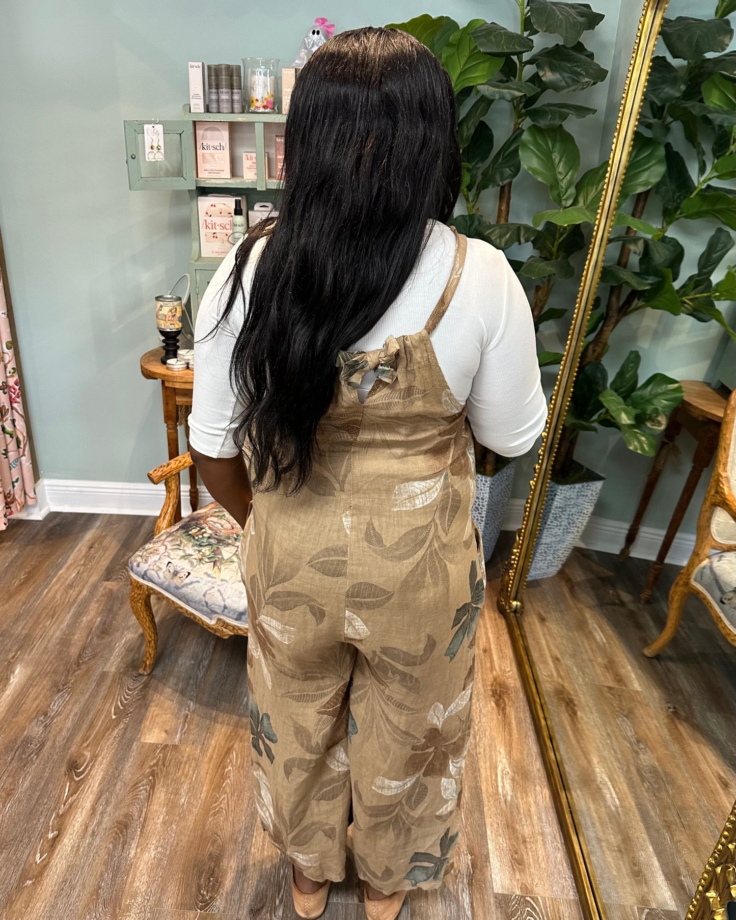 Camel Printed Linen Romper