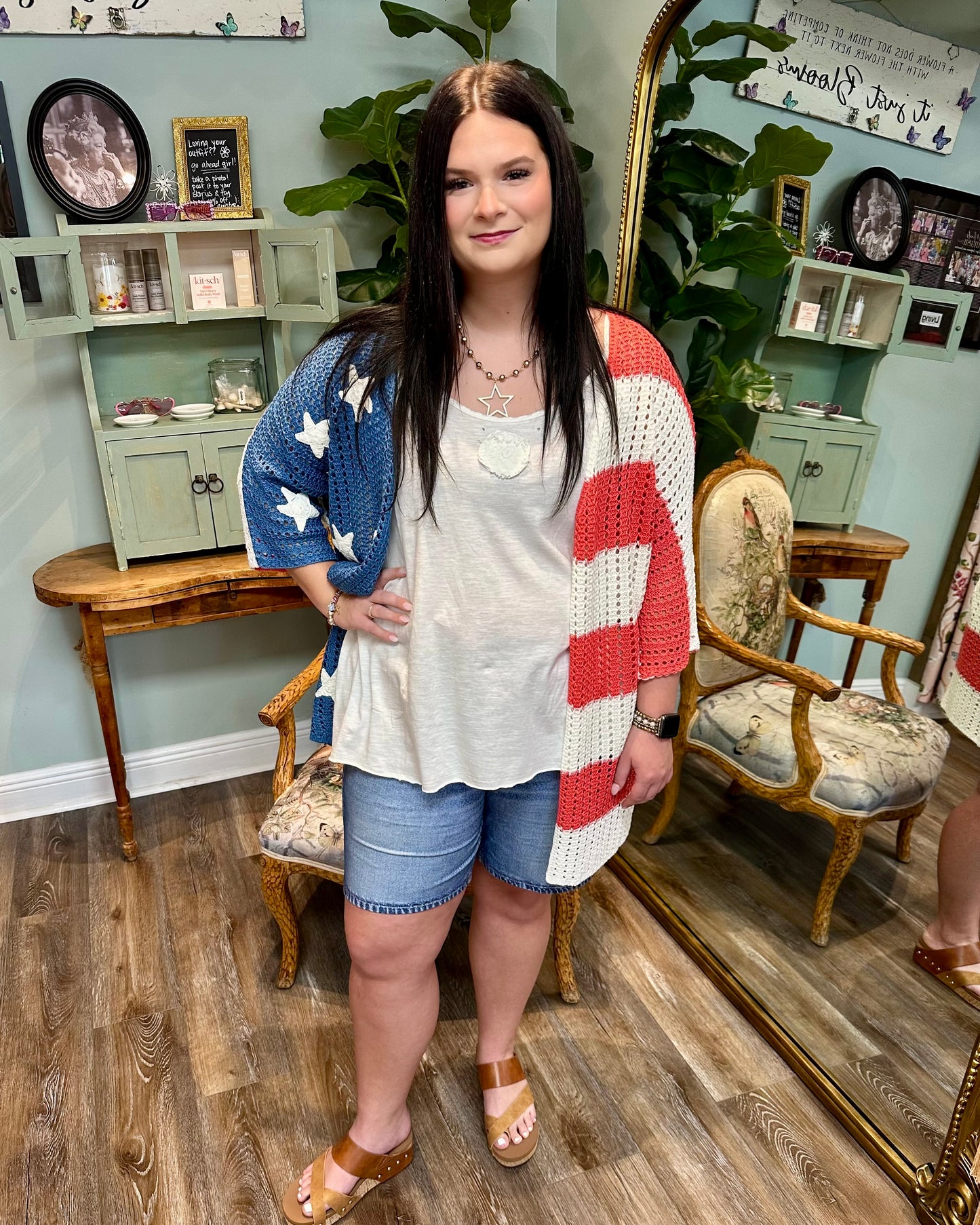 Star Patch American Flag Knit Open Cardigan