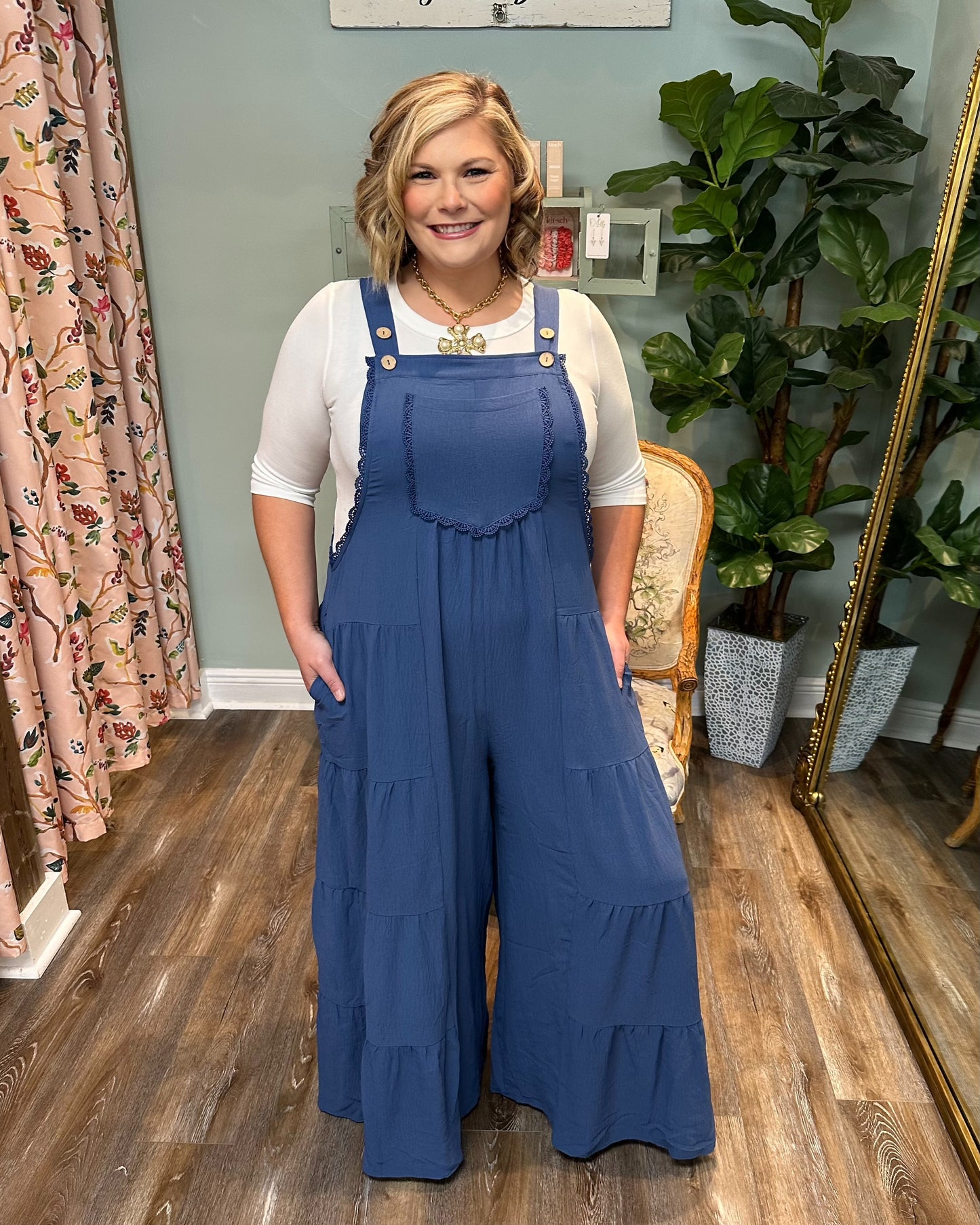 Denim Blue Overall with Tiered Wide Leg