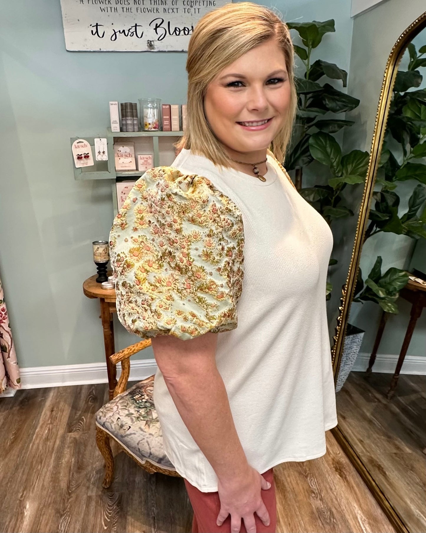 Textured Top with Floral Puff Sleeve