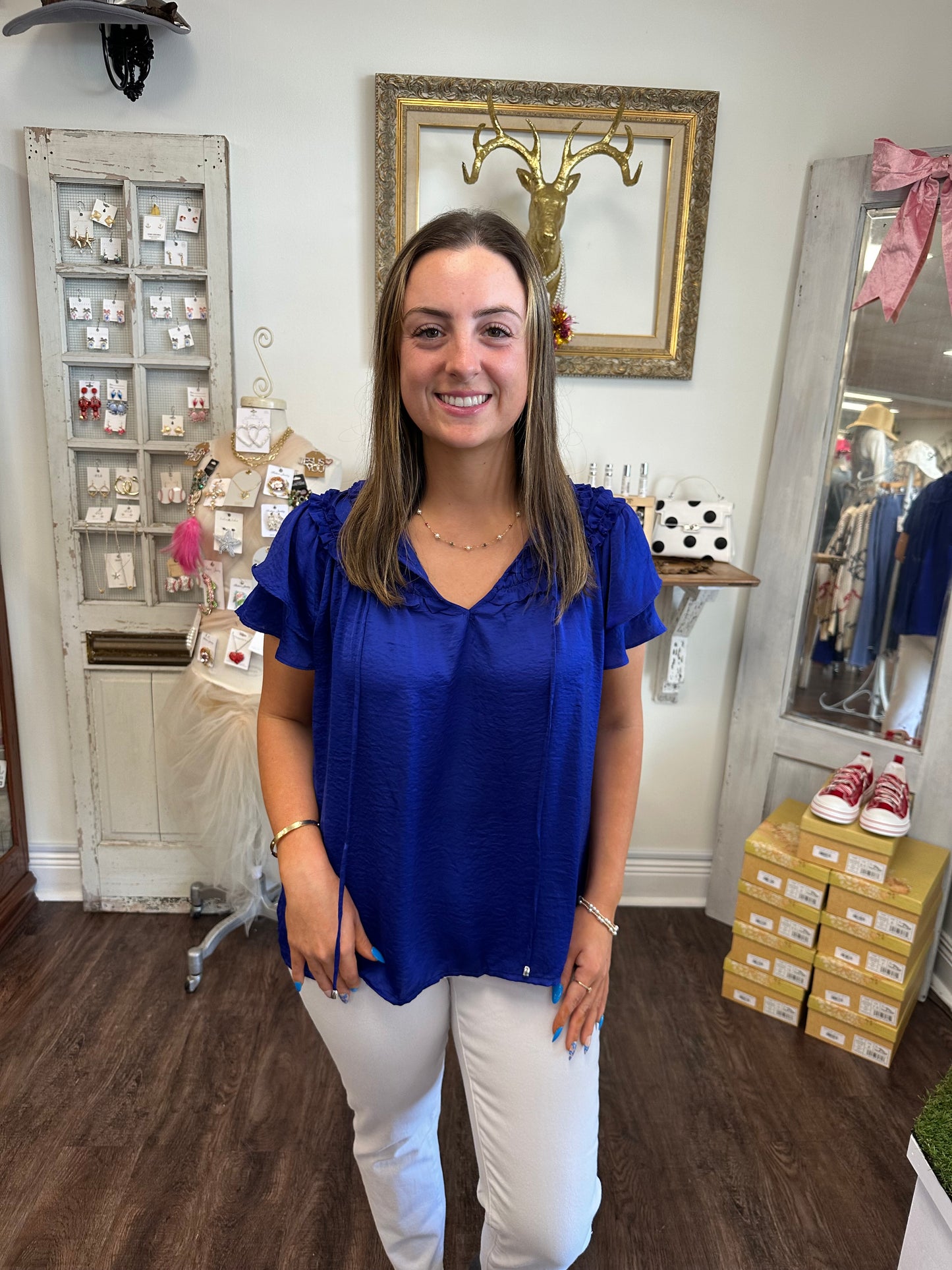 Royal Blue Satiny Ruffle Sleeve Top