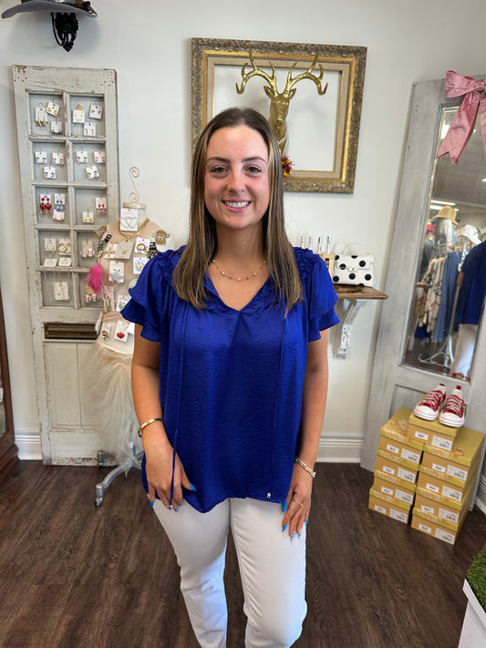 Royal Blue Satiny Ruffle Sleeve Top