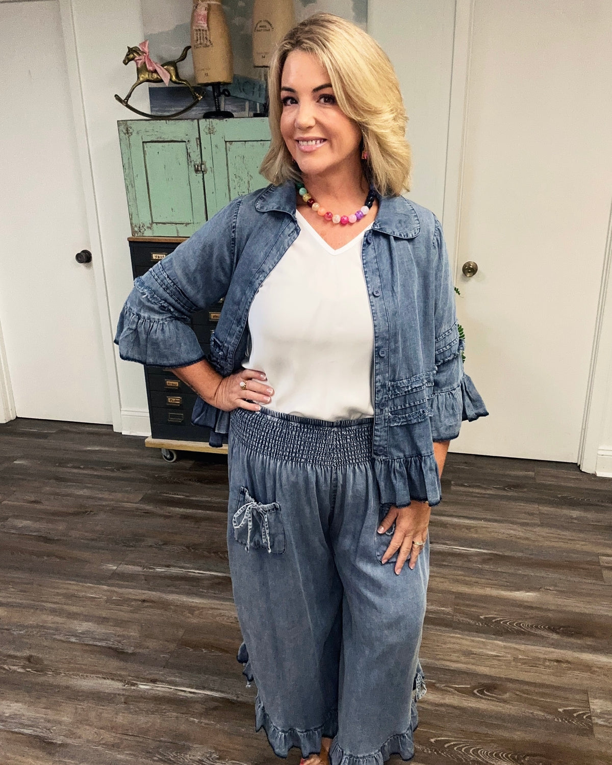 Chambray Shacket with Ruffles