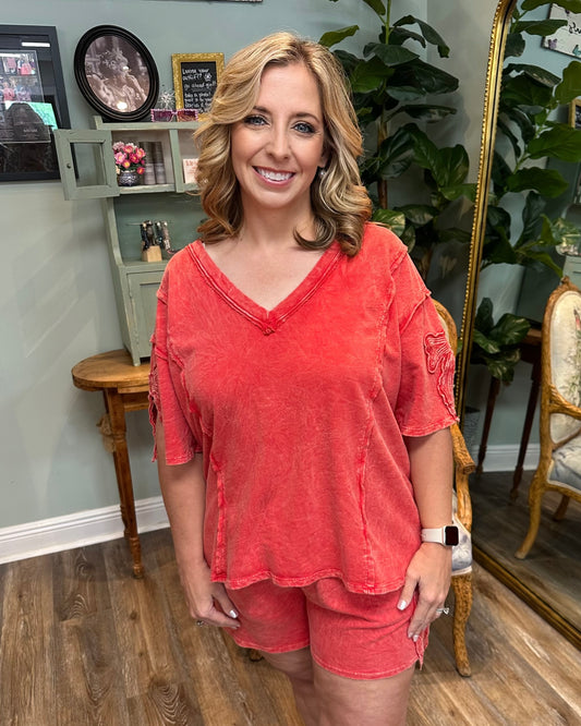 Red Mineral Washed Bow Slit Top