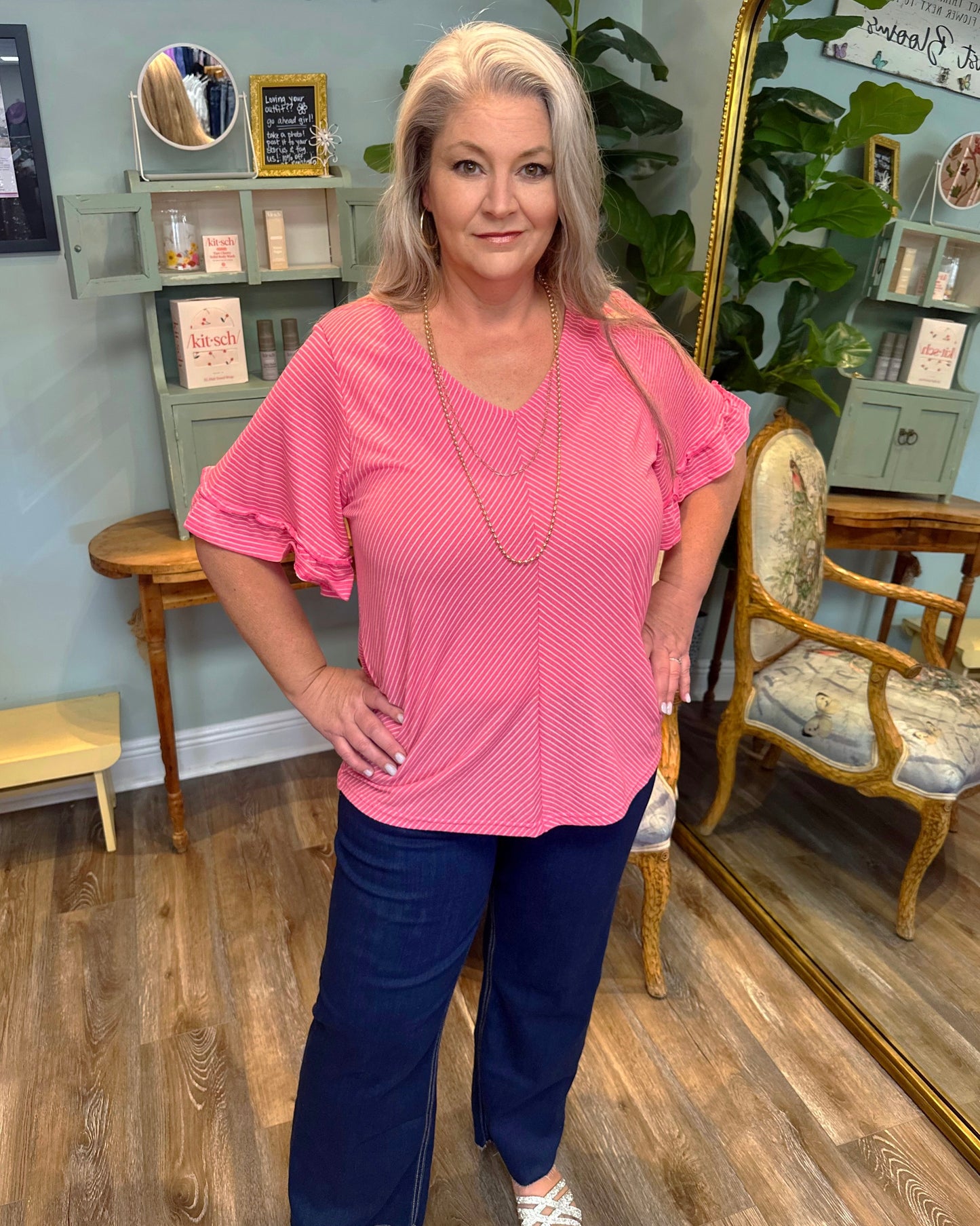 Stripe Knit Top with Ruffle Sleeves