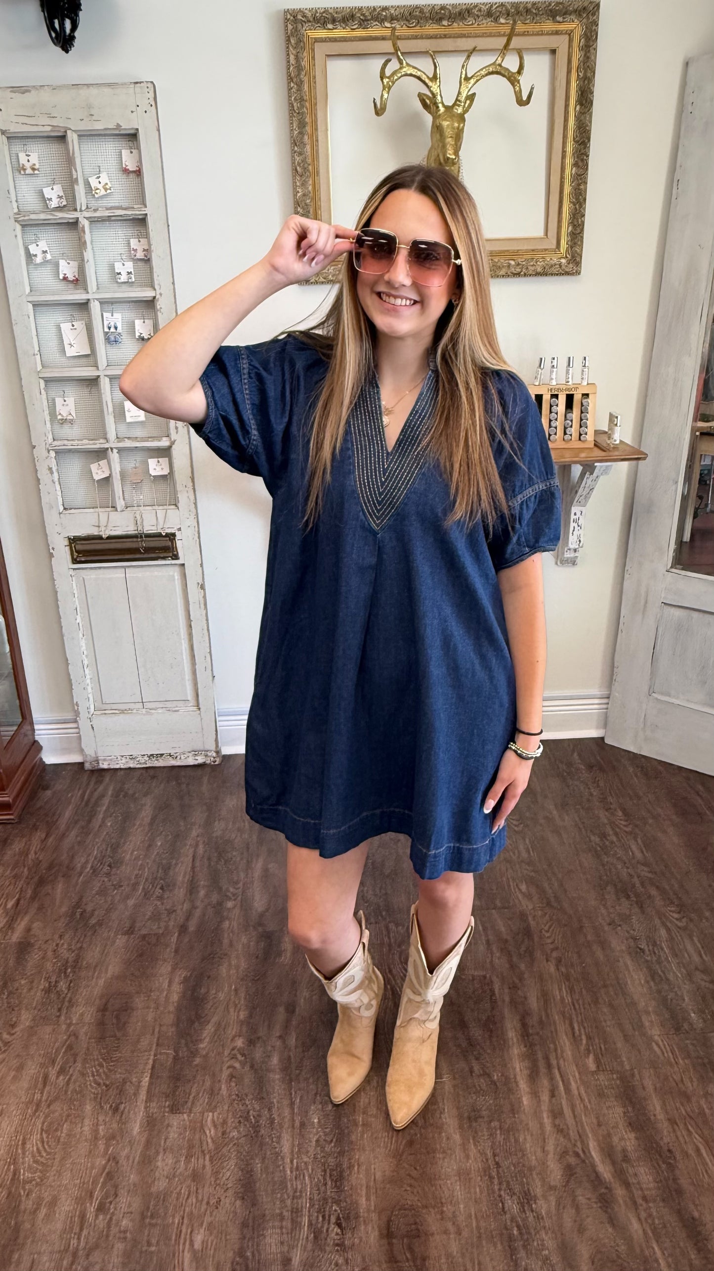 Denim V-neck Dress