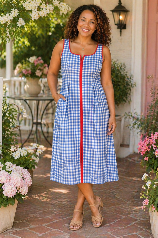 Blue Gingham Dress with Red Hem