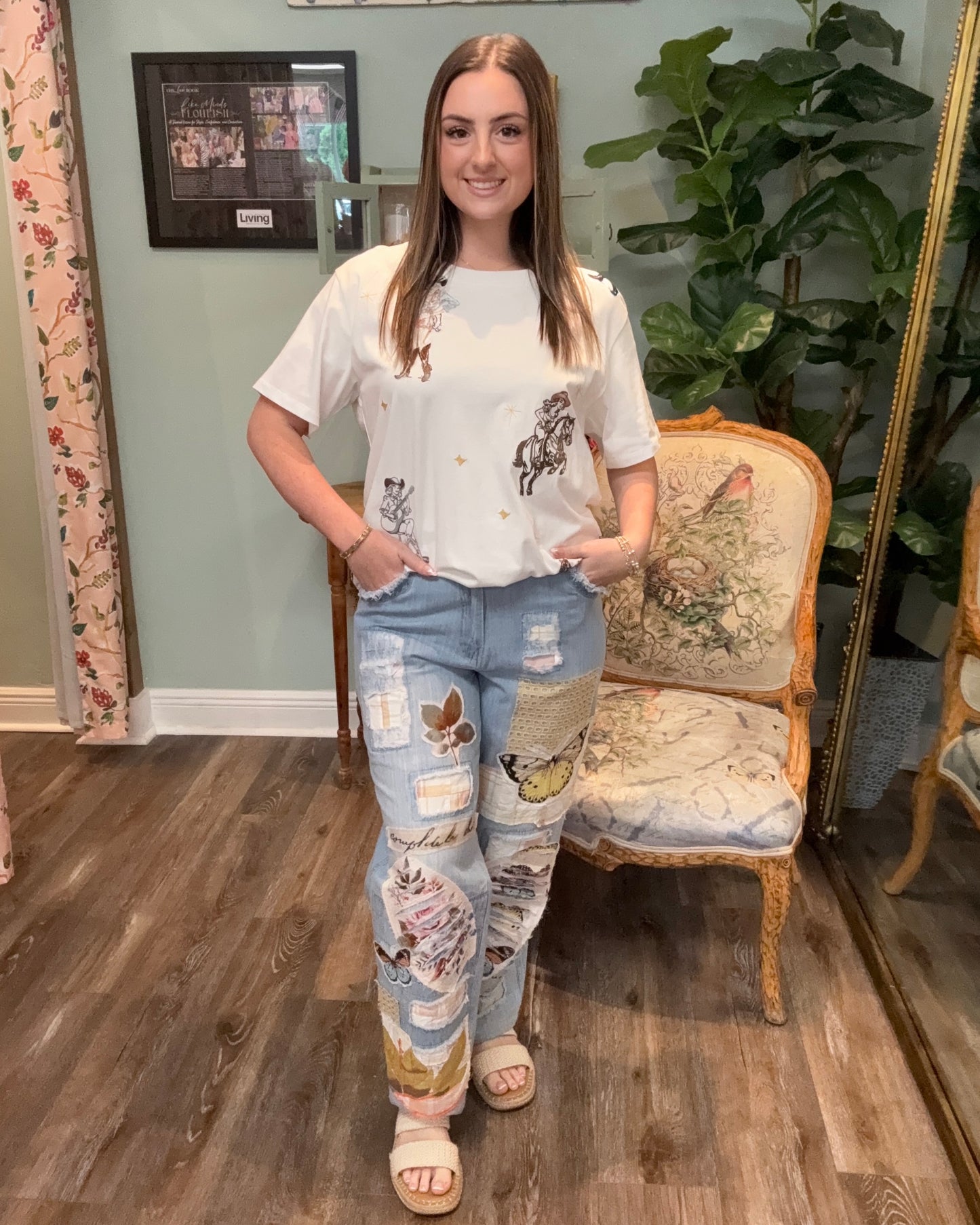 Patchwork Pants with Butterfly and Lace