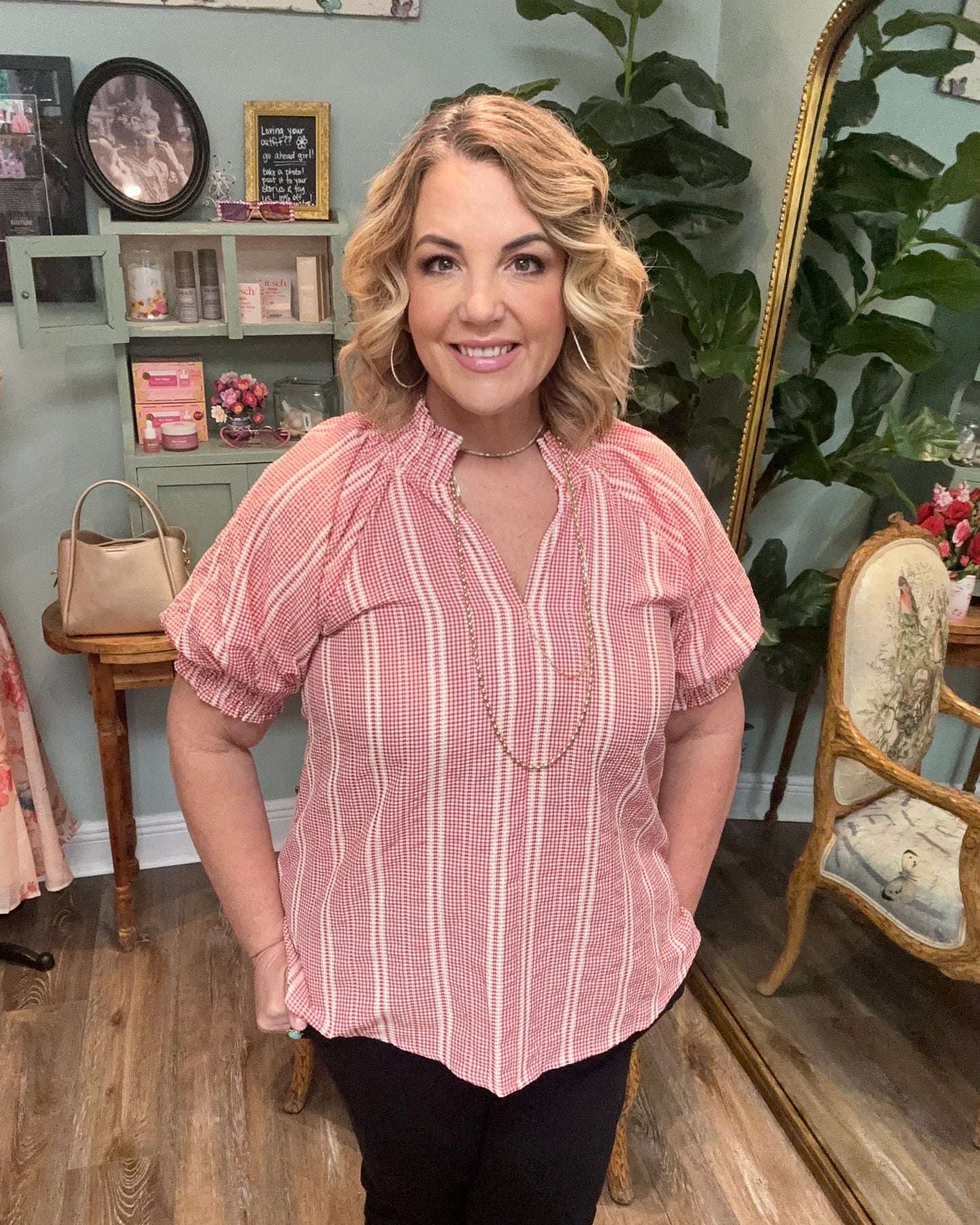 Gingham Embroidered Stripe Detail Top