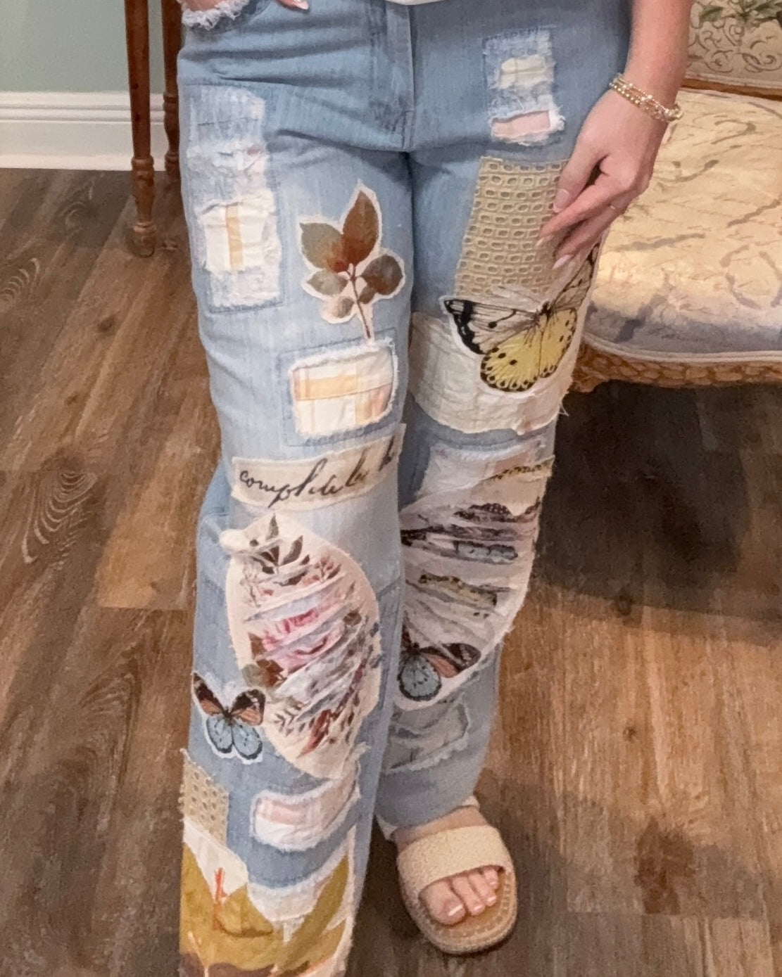 Patchwork Pants with Butterfly and Lace