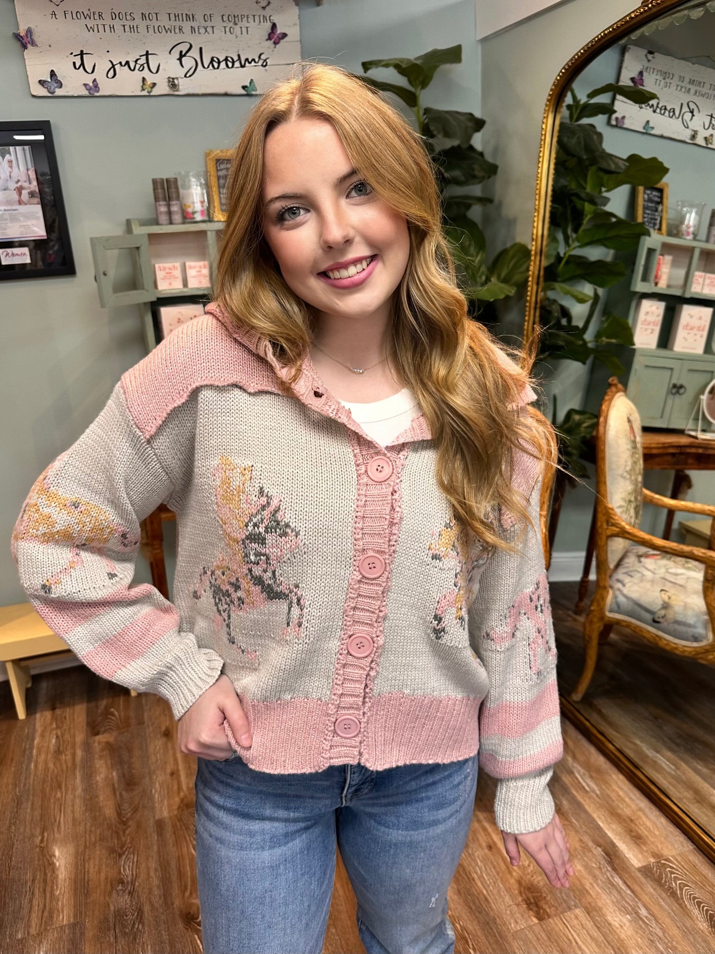Pink and White Horse Print Sweater