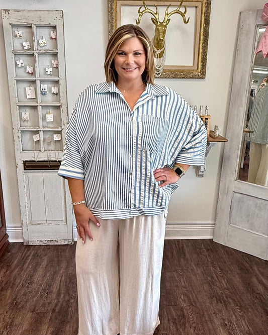 Mixed Stripe Oversized Button Down Top