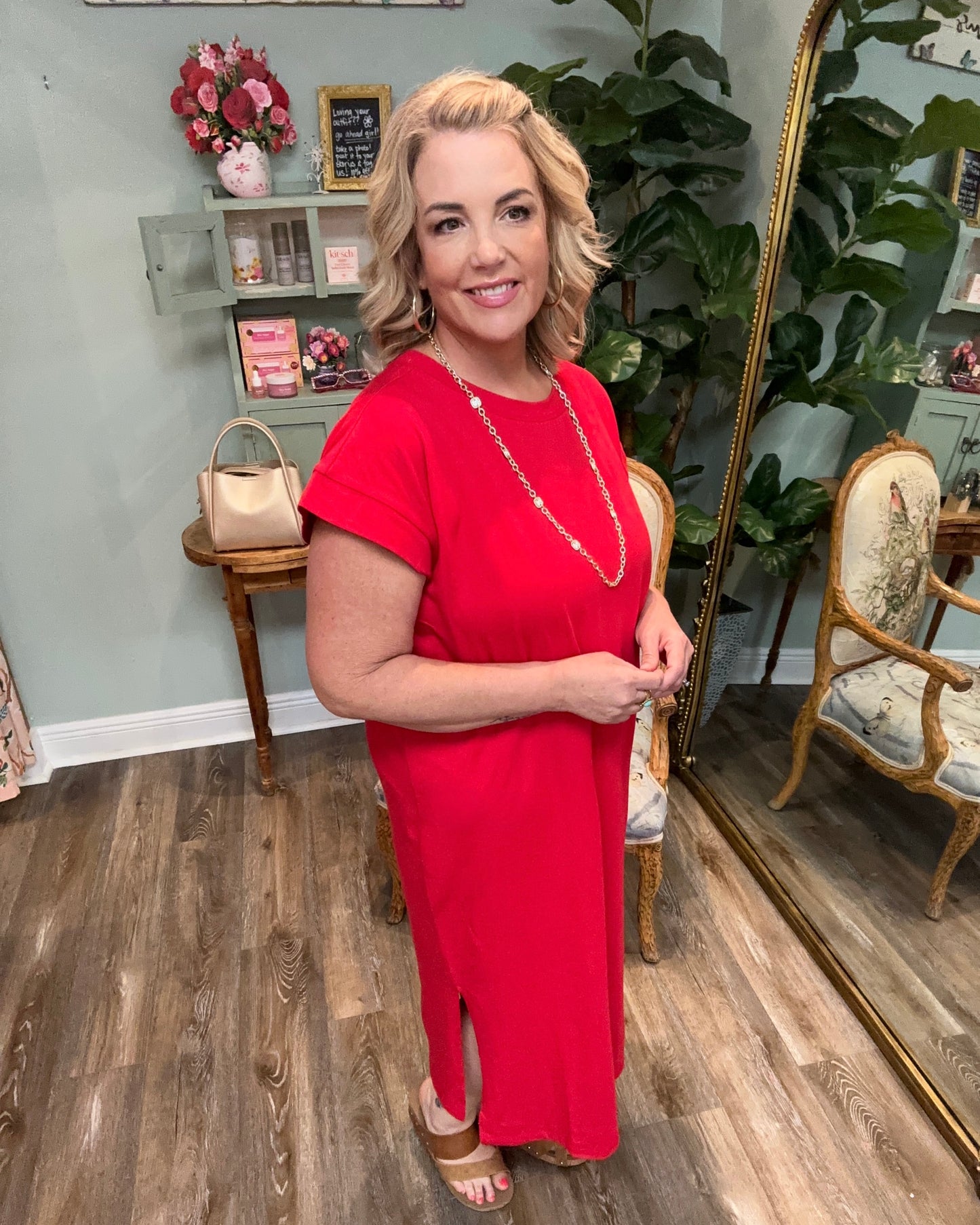 Scoop Neck T-shirt Dress with Side Slits