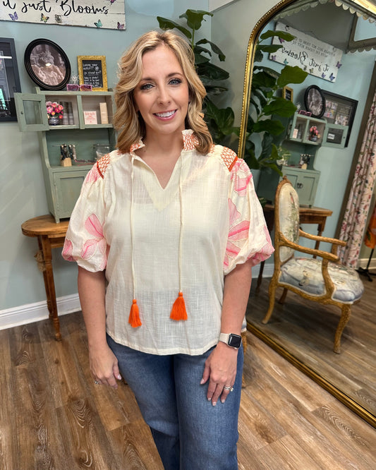 Cream Floral Embroidery Smoked Neck Top