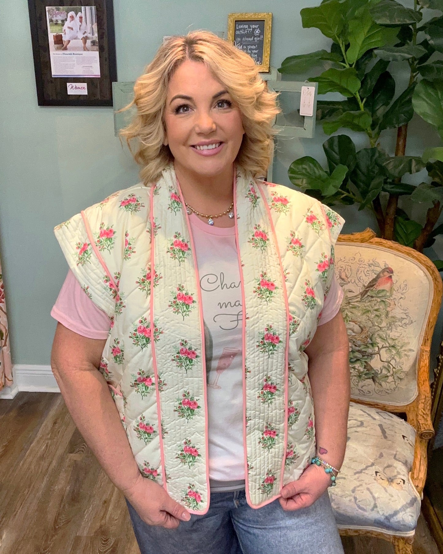 Pink Floral Print Quilted Vest